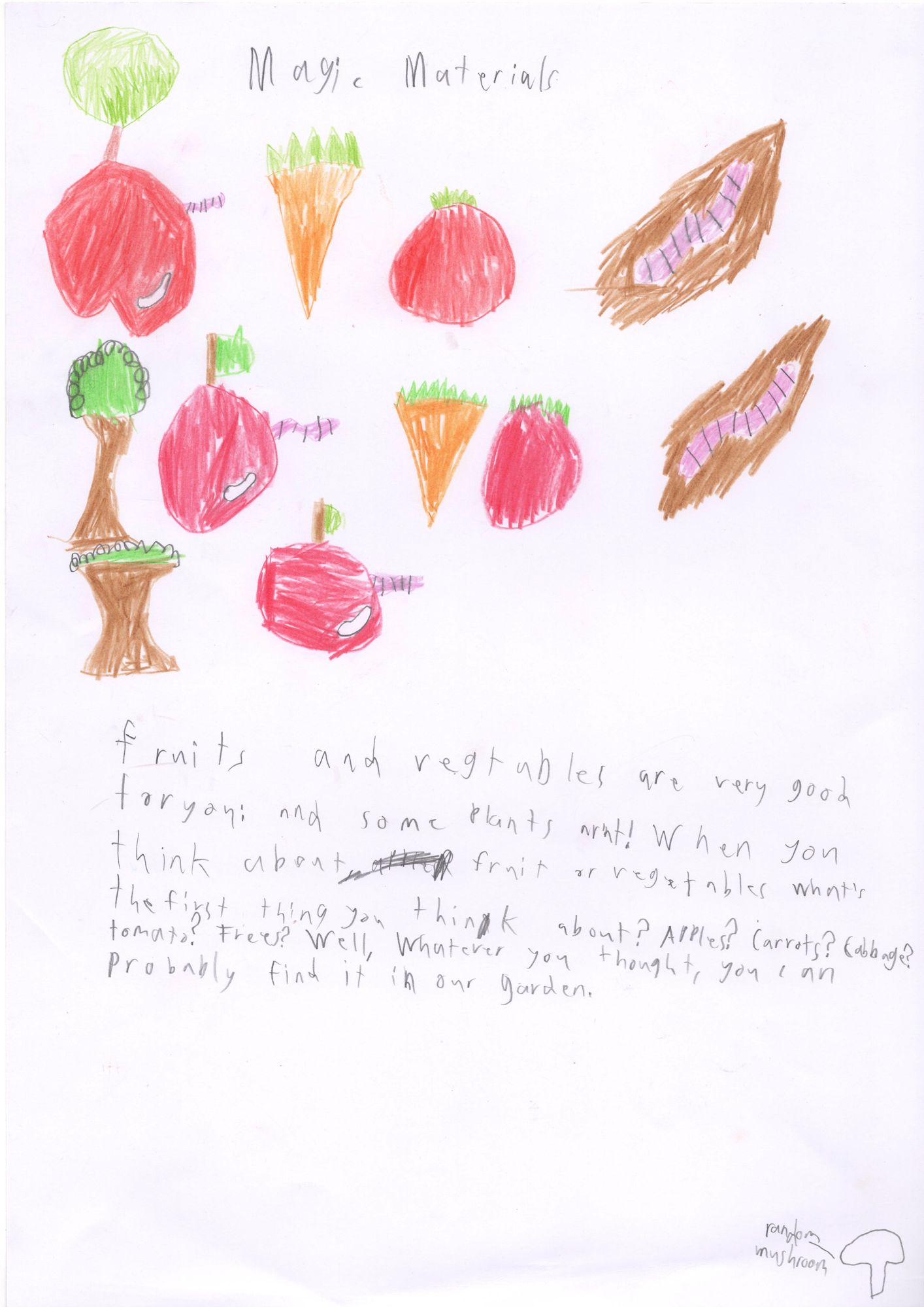 Children's drawing of red apples, orange carrots, and purple sweet potatoes, with handwritten text about fruits and vegetables being good and ideas for growing them in a garden.