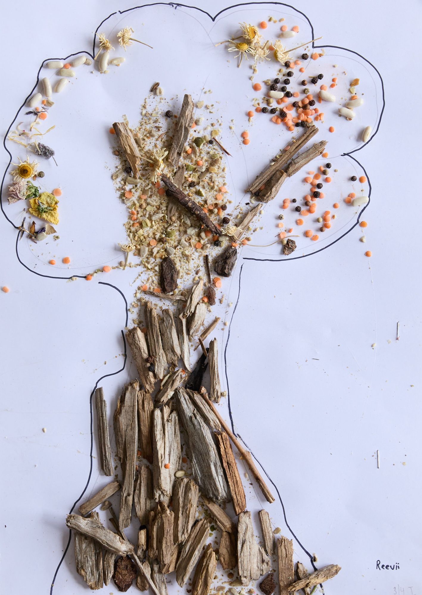 Collage of a tree made with twigs for the trunk and lentils, seeds, and flowers for the foliage on paper. Creative, earthy, and textured.
