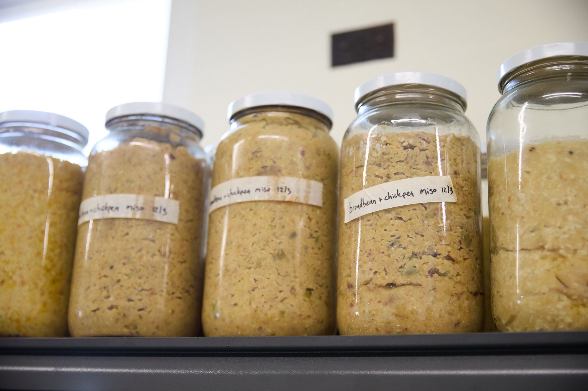 Five glass jars filled with light brown chickpea miso are lined up on a shelf. Each has a handwritten label, creating a cozy, artisanal feel.