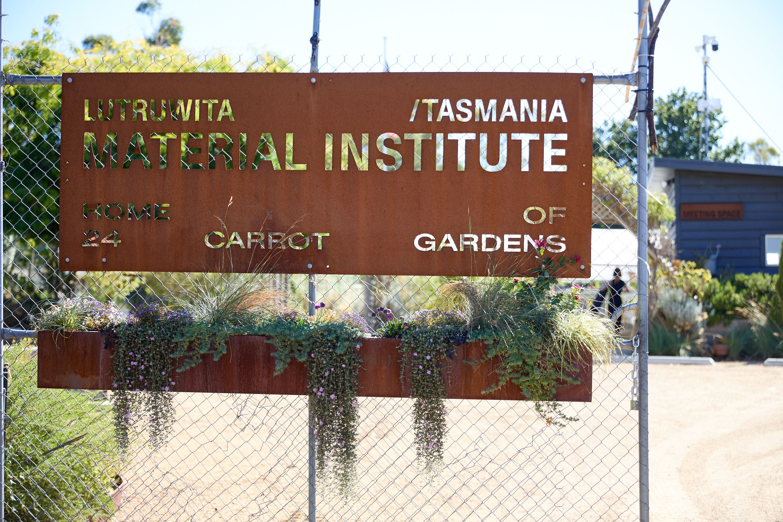 the front sign at Material Institute made of corten steel