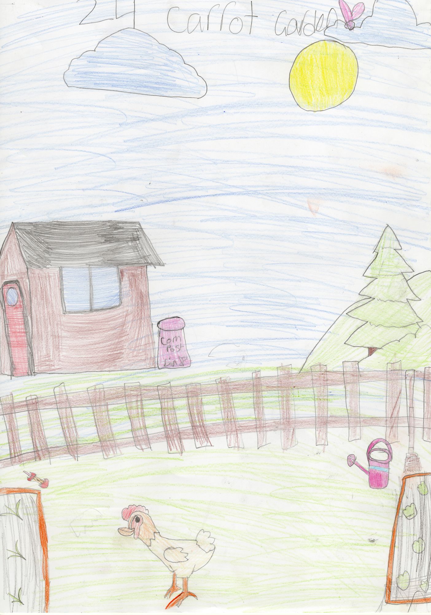 Child's drawing of a sunny garden scene with a house, chicken, wooden fence, watering can, compost bin, and trees, conveying a cheerful outdoor vibe.