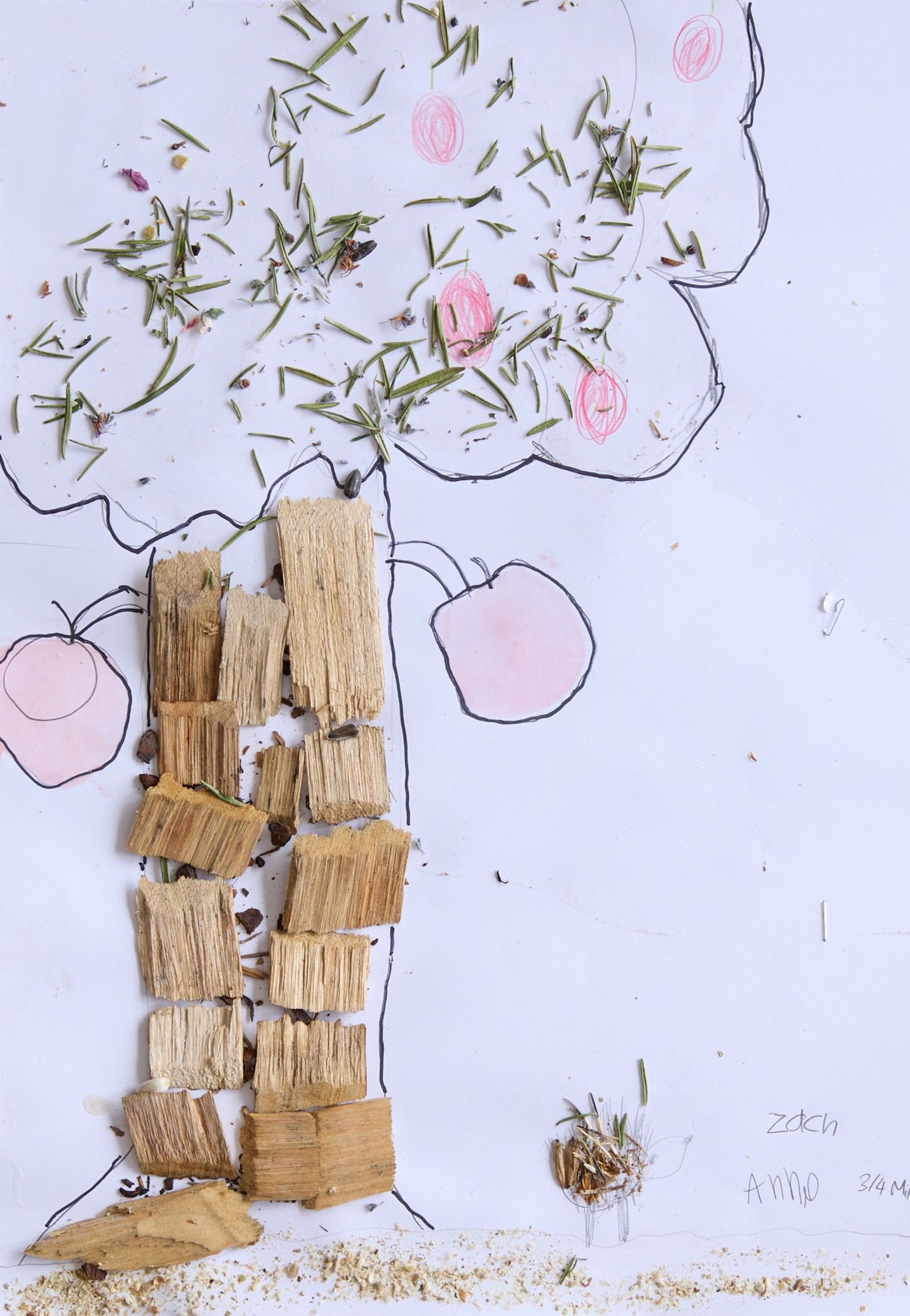Child's artwork of a tree. The trunk is made from wood chips, the canopy with greenery and pink accents. Two pink circles represent fruits.